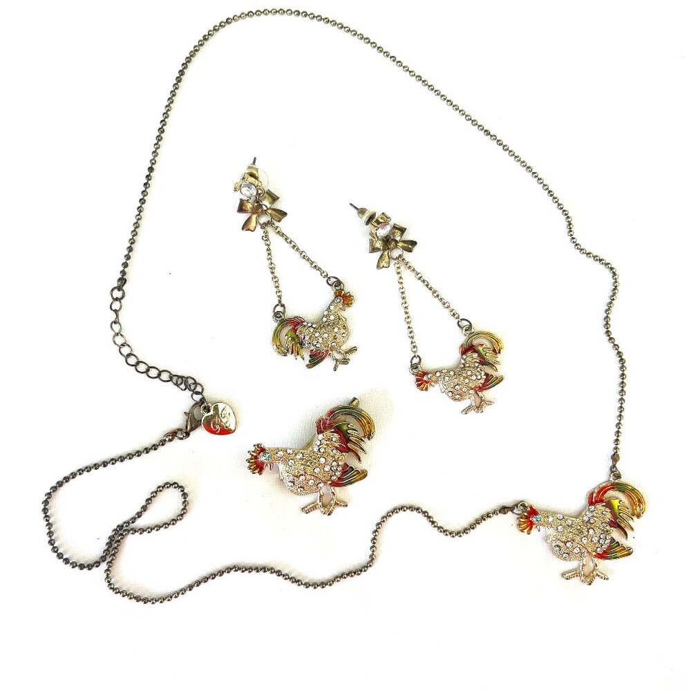 Betsey Johnson Rooster Necklace, Earring, and Brooch Set
